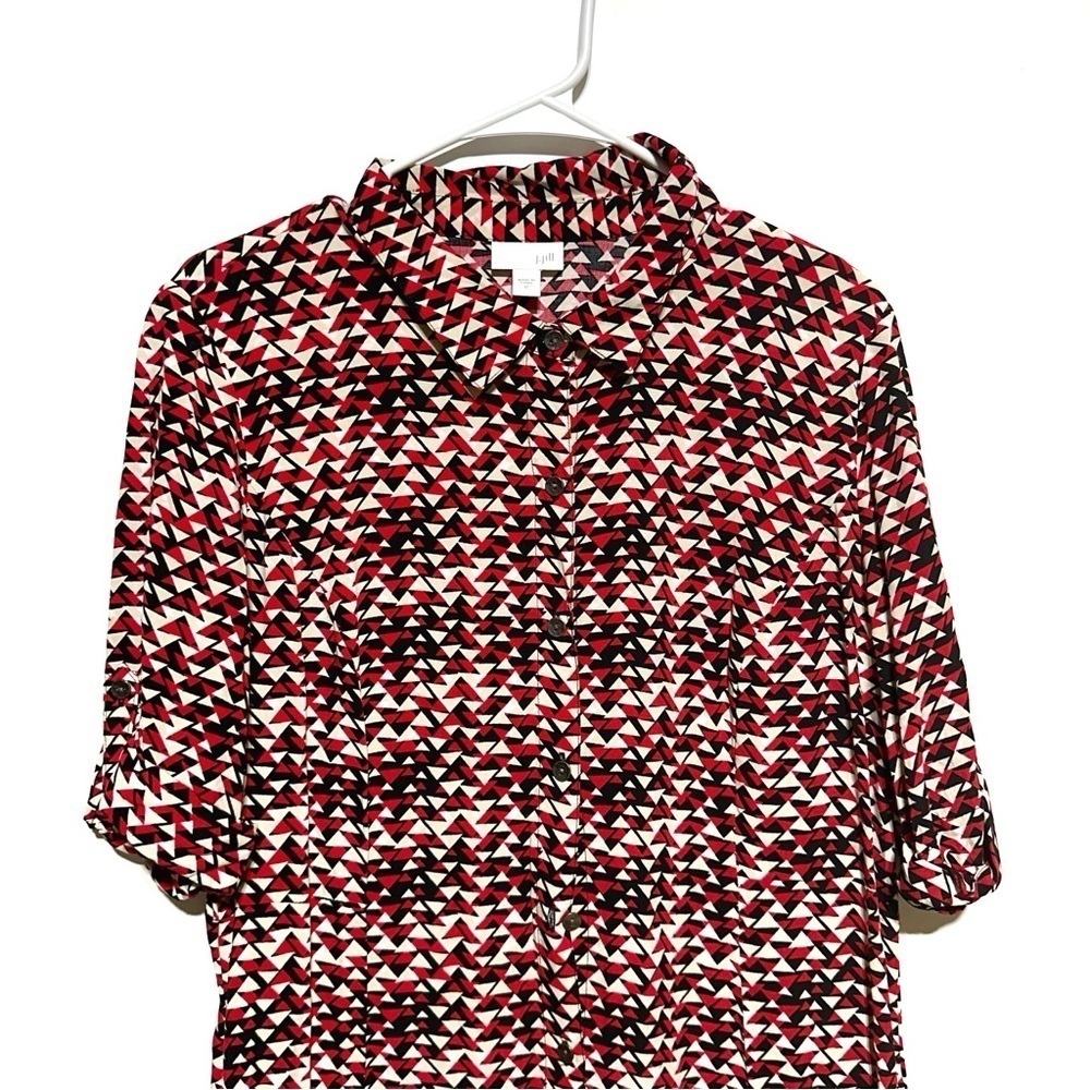 J. Jill Midi Womens Mod Print Navy Red Shirt Dress Size 12 Tab Sleeves Collared - Picture 4 of 13